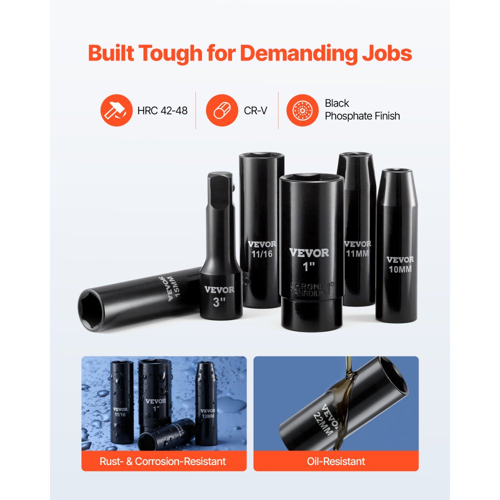 Juego de dados de impacto VEVOR de 1/2 pulg., 29 piezas, dados de impacto profundos de 6 puntas, tamaños SAE (3/8 a 1 pulg.) y métricos (10 a 24 mm) con barras de extensión (3, 5, 10 pulg.), acero Cr-V, estuche de transporte resistente.