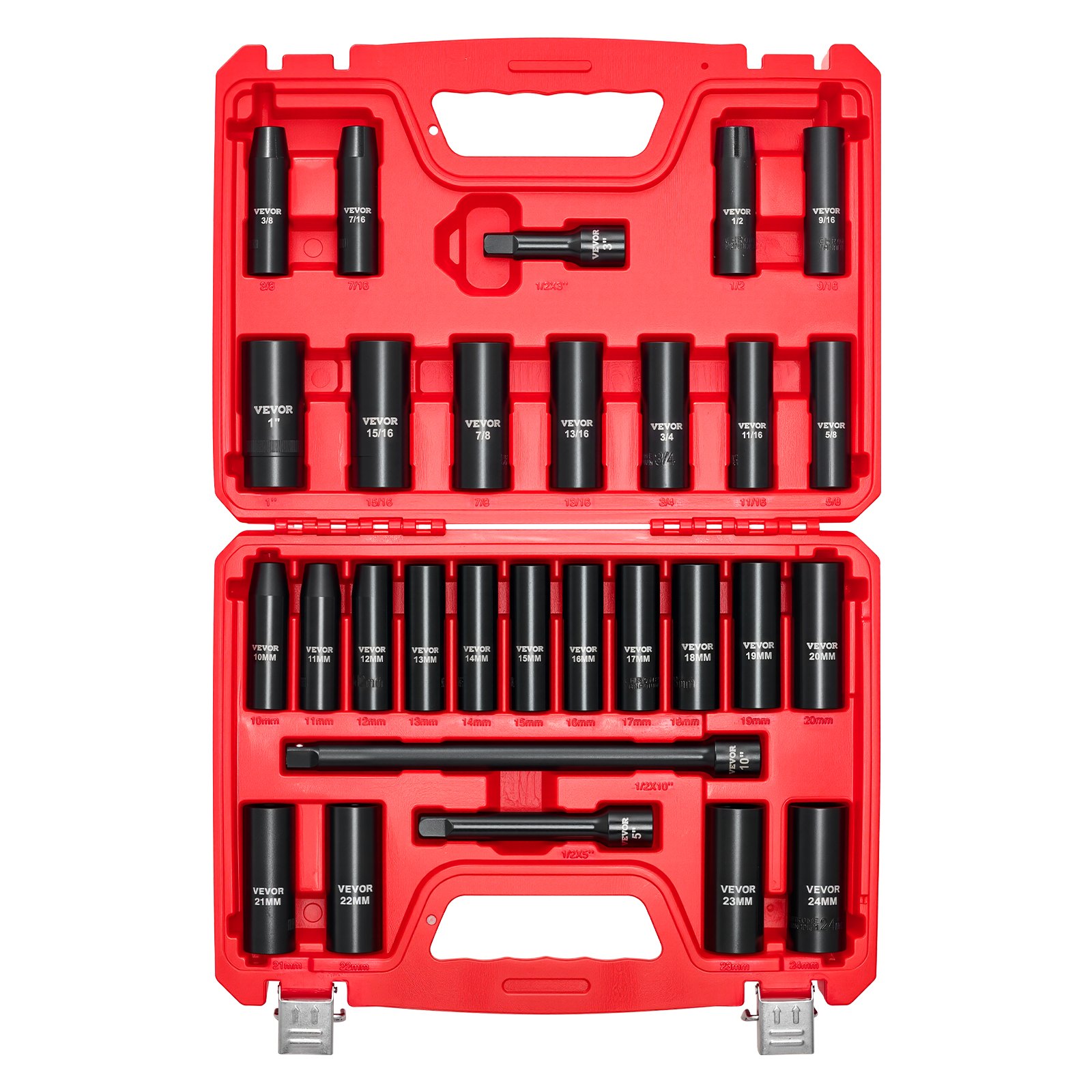 Juego de dados de impacto VEVOR de 1/2 pulg., 29 piezas, dados de impacto profundos de 6 puntas, tamaños SAE (3/8 a 1 pulg.) y métricos (10 a 24 mm) con barras de extensión (3, 5, 10 pulg.), acero Cr-V, estuche de transporte resistente.