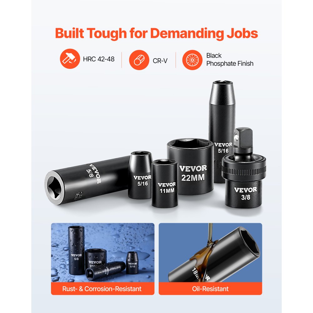 Juego de vasos de impacto VEVOR de 3/8", 50 piezas, vasos de impacto de 6 puntas, profundos y superficiales, tamaños SAE (5/16" a 3/4") y métricos (8 a 22 mm) con barras de extensión de 3" y 6", acero Cr-V, estuche de transporte