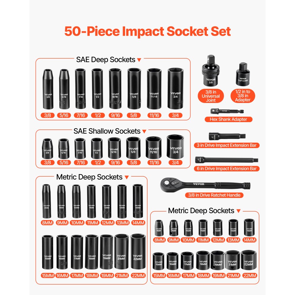 Juego de vasos de impacto VEVOR de 3/8", 50 piezas, vasos de impacto de 6 puntas, profundos y superficiales, tamaños SAE (5/16" a 3/4") y métricos (8 a 22 mm) con barras de extensión de 3" y 6", acero Cr-V, estuche de transporte