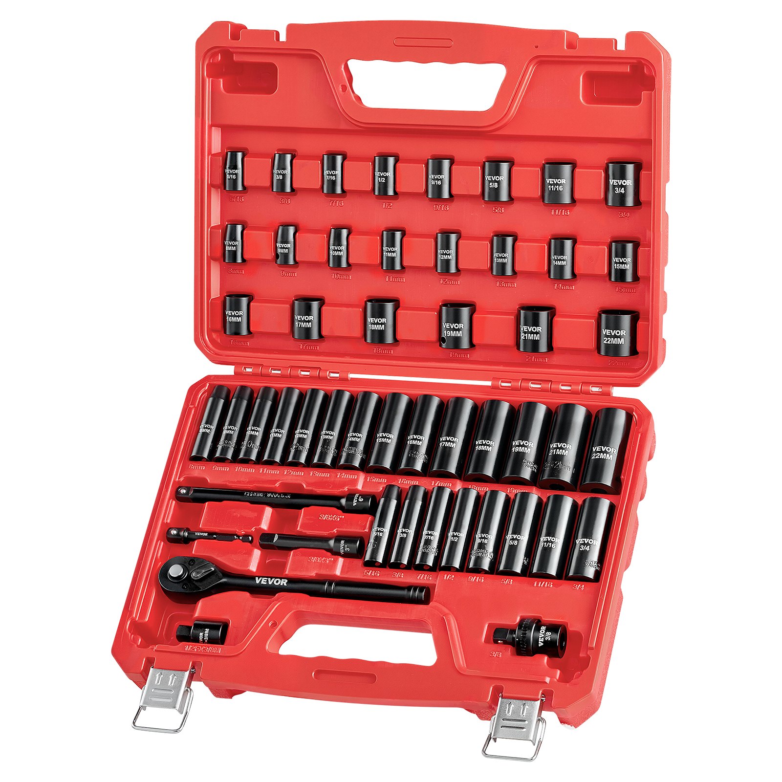 Juego de vasos de impacto VEVOR de 3/8", 50 piezas, vasos de impacto de 6 puntas, profundos y superficiales, tamaños SAE (5/16" a 3/4") y métricos (8 a 22 mm) con barras de extensión de 3" y 6", acero Cr-V, estuche de transporte