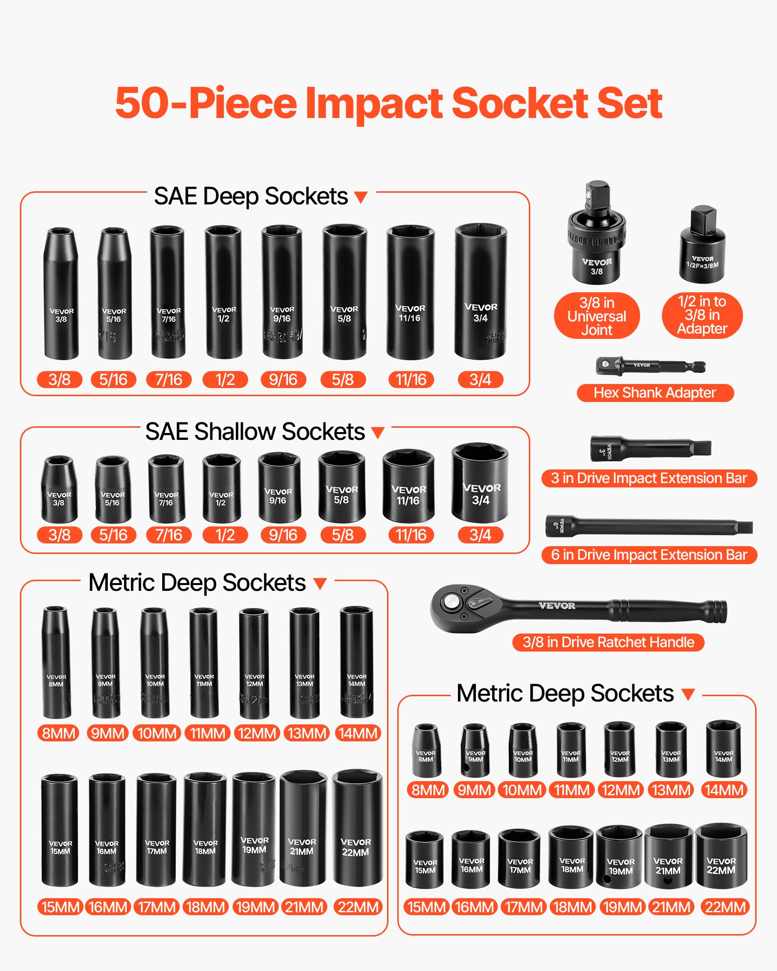 Juego de vasos de impacto VEVOR de 3/8 pulg., 50 piezas, vasos de impacto de 6 puntas profundos y poco profundos, tamaños SAE (5/16 pulg. a 3/4 pulg.) y métricos (8 a 22 mm) con barras de extensión de 3 pulg. y 6 pulg., acero Cr-V, estuche de transporte