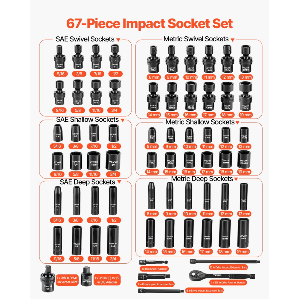 Juego de dados de impacto VEVOR de 3/8", 67 piezas, 6 puntas, SAE (5/16" a 3/4") y métrico (8 mm a 19 mm), dados giratorios, adaptadores, acero Cr-V y Cr-Mo, estuche de transporte.