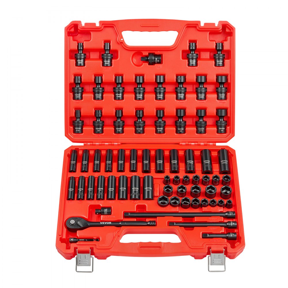 Juego de dados de impacto VEVOR de 3/8", 67 piezas, 6 puntas, SAE (5/16" a 3/4") y métrico (8 mm a 19 mm), dados giratorios, adaptadores, acero Cr-V y Cr-Mo, estuche de transporte.