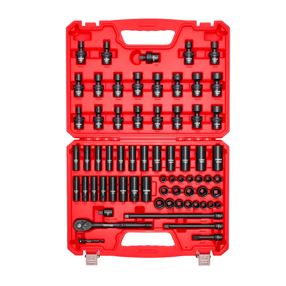 Juego de dados de impacto VEVOR de 3/8", 67 piezas, 6 puntas, SAE (5/16" a 3/4") y métrico (8 mm a 19 mm), dados giratorios, adaptadores, acero Cr-V y Cr-Mo, estuche de transporte.