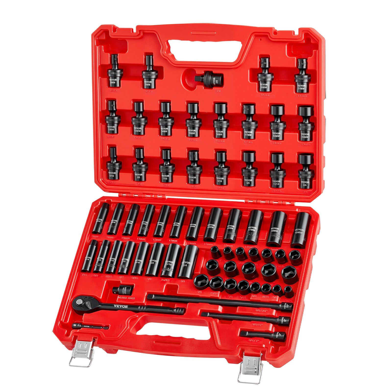 Juego de dados de impacto VEVOR de 3/8", 67 piezas, 6 puntas, SAE (5/16" a 3/4") y métrico (8 mm a 19 mm), dados giratorios, adaptadores, acero Cr-V y Cr-Mo, estuche de transporte.