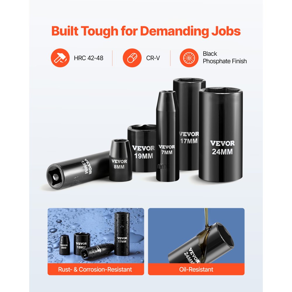 Juego de vasos de impacto VEVOR de 3/8", 64 piezas, vasos de impacto de 6 puntas, profundos y superficiales, tamaños SAE (5/16" a 1") y métricos (6 a 24 mm), con barras de extensión de 3" y 6", acero Cr-V, estuche de transporte