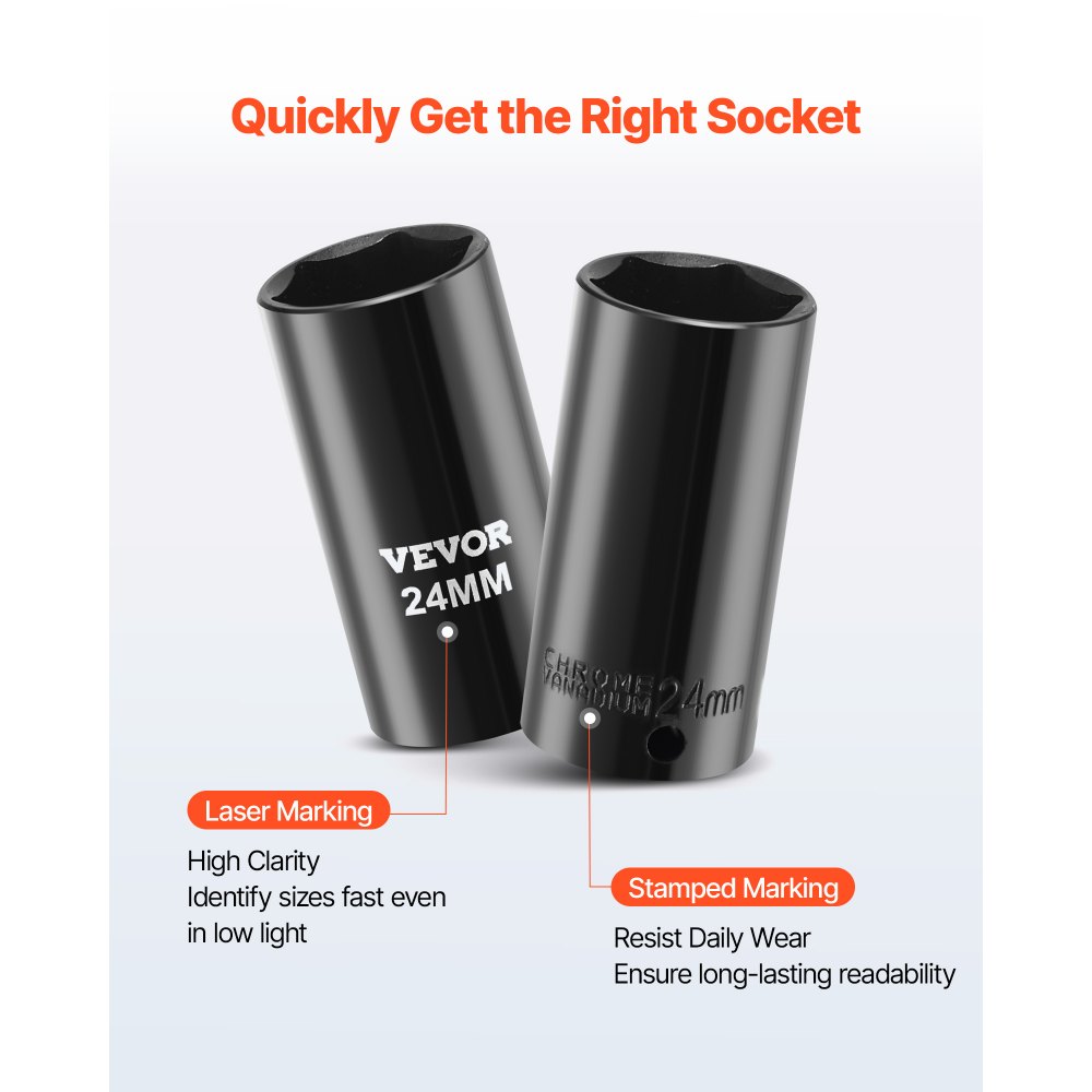 Juego de vasos de impacto VEVOR de 3/8", 64 piezas, vasos de impacto de 6 puntas, profundos y superficiales, tamaños SAE (5/16" a 1") y métricos (6 a 24 mm), con barras de extensión de 3" y 6", acero Cr-V, estuche de transporte