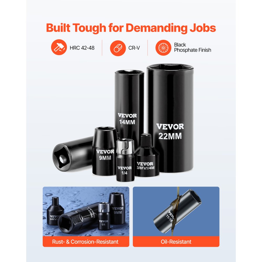 Juego de dados de impacto VEVOR de 3/8", 96 piezas, 6 puntas, profundos y superficiales, tamaños SAE (5/16" a 3/4") y métricos (8 a 22 mm), con barras de extensión de 3" y 6", acero Cr-V, estuche de transporte