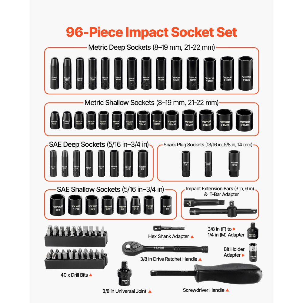 Juego de dados de impacto VEVOR de 3/8", 96 piezas, 6 puntas, profundos y superficiales, tamaños SAE (5/16" a 3/4") y métricos (8 a 22 mm), con barras de extensión de 3" y 6", acero Cr-V, estuche de transporte