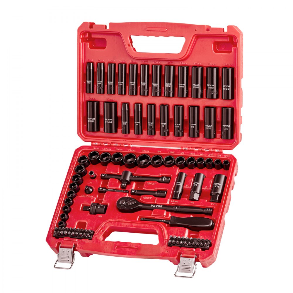 Juego de dados de impacto VEVOR de 3/8", 96 piezas, 6 puntas, profundos y superficiales, tamaños SAE (5/16" a 3/4") y métricos (8 a 22 mm), con barras de extensión de 3" y 6", acero Cr-V, estuche de transporte