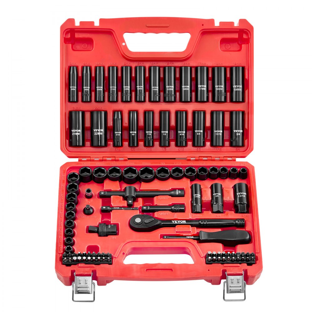 Juego de dados de impacto VEVOR de 3/8", 96 piezas, 6 puntas, profundos y superficiales, tamaños SAE (5/16" a 3/4") y métricos (8 a 22 mm), con barras de extensión de 3" y 6", acero Cr-V, estuche de transporte