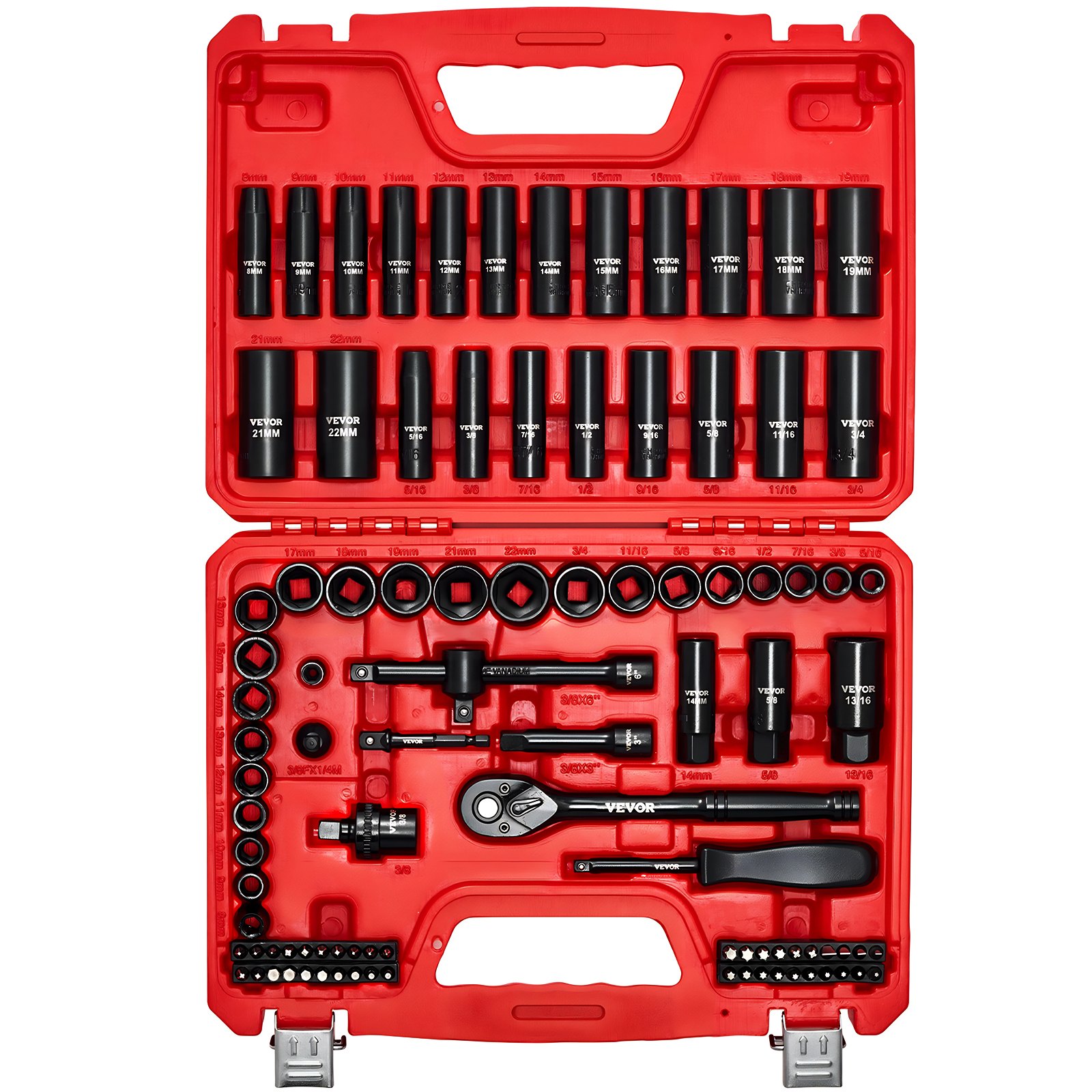 Juego de dados de impacto VEVOR de 3/8", 96 piezas, 6 puntas, profundos y superficiales, tamaños SAE (5/16" a 3/4") y métricos (8 a 22 mm), con barras de extensión de 3" y 6", acero Cr-V, estuche de transporte