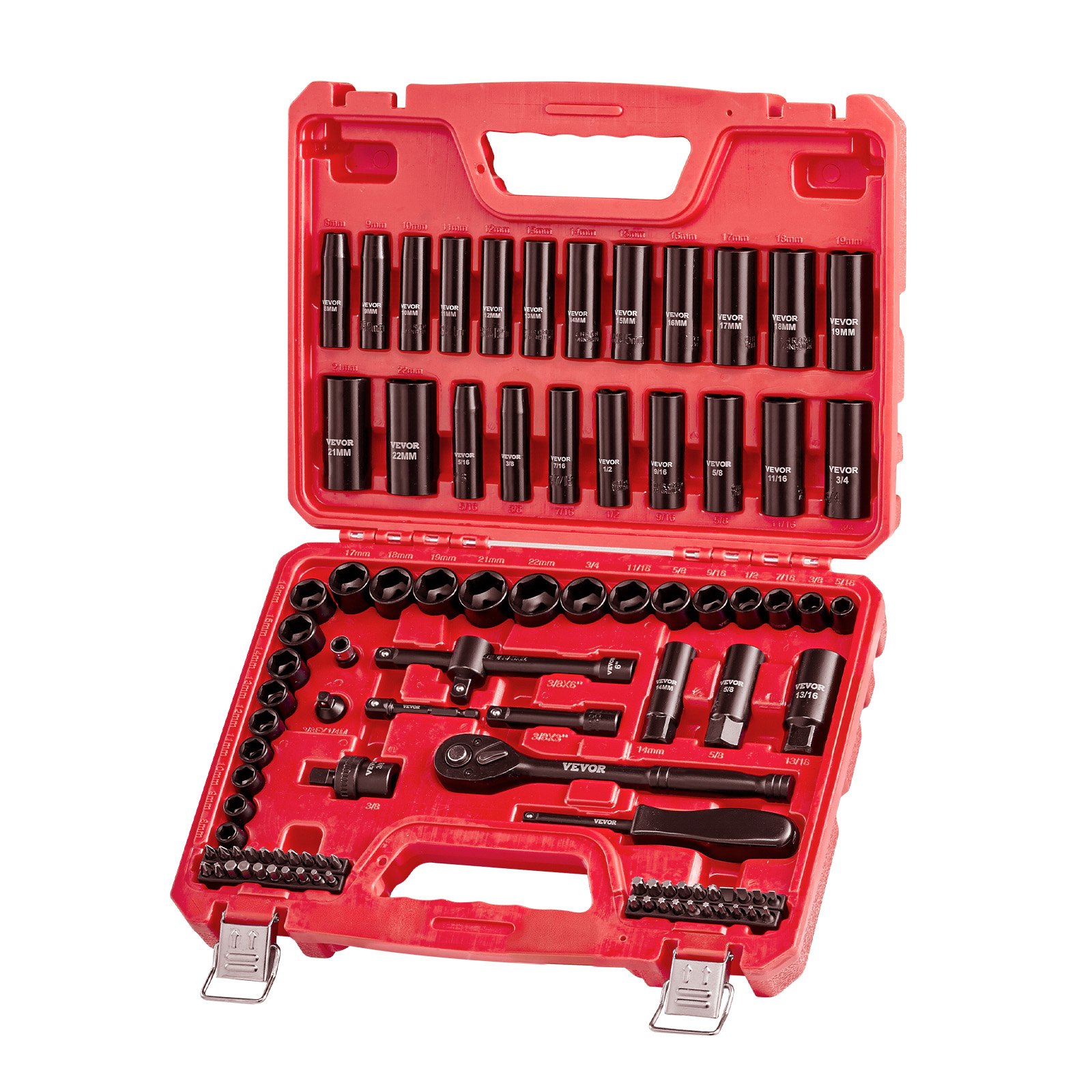 Juego de dados de impacto VEVOR de 3/8", 96 piezas, 6 puntas, profundos y superficiales, tamaños SAE (5/16" a 3/4") y métricos (8 a 22 mm), con barras de extensión de 3" y 6", acero Cr-V, estuche de transporte
