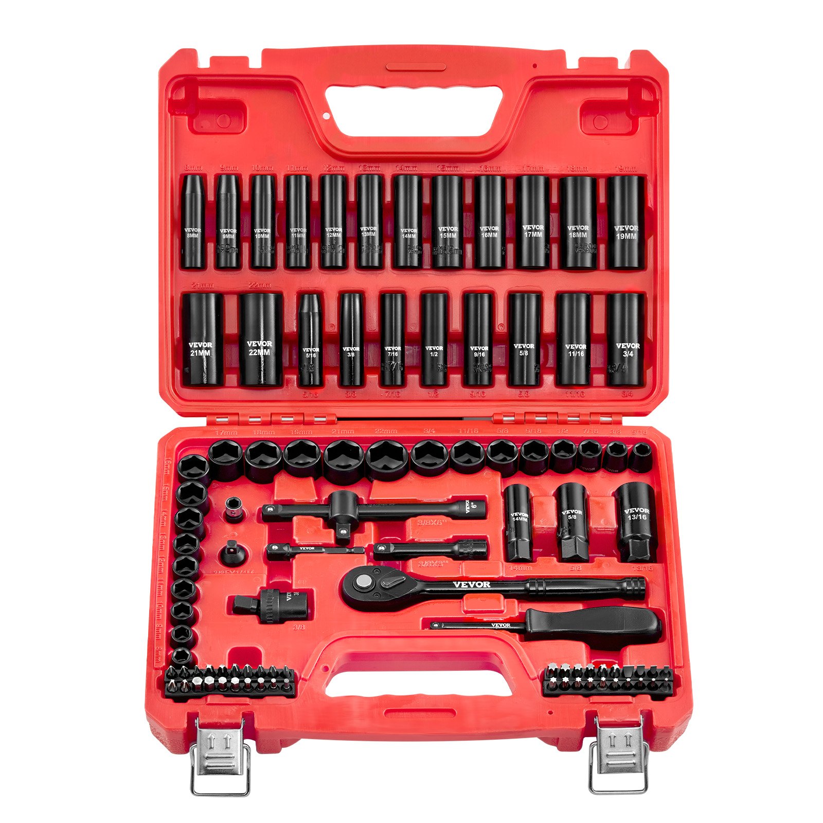 Juego de dados de impacto VEVOR de 3/8", 96 piezas, 6 puntas, profundos y superficiales, tamaños SAE (5/16" a 3/4") y métricos (8 a 22 mm), con barras de extensión de 3" y 6", acero Cr-V, estuche de transporte