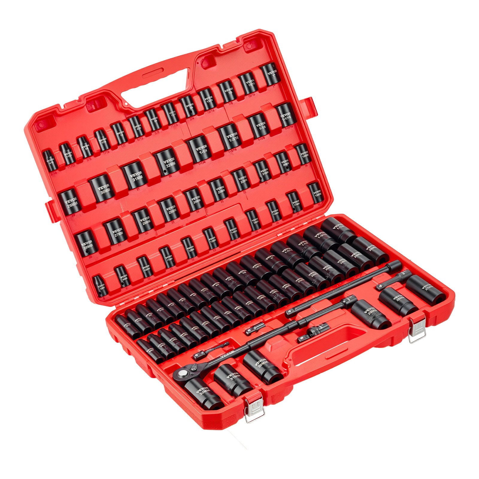 Juego de dados de impacto VEVOR de 3/8", 96 piezas, 6 puntas, profundos y superficiales, tamaños SAE (5/16" a 3/4") y métricos (8 a 22 mm), con barras de extensión de 3" y 6", acero Cr-V, estuche de transporte