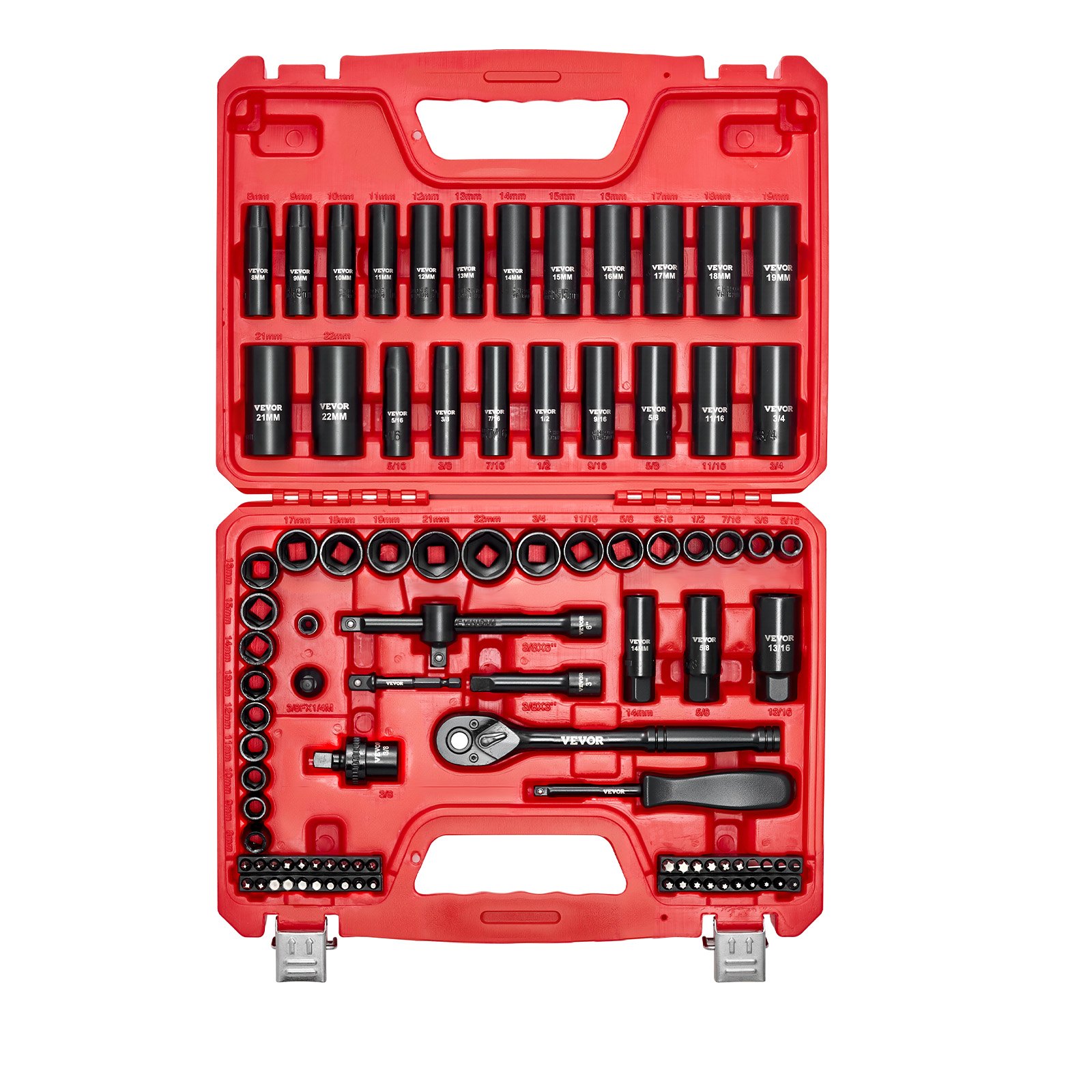 Juego de dados de impacto VEVOR de 3/8", 96 piezas, 6 puntas, profundos y superficiales, tamaños SAE (5/16" a 3/4") y métricos (8 a 22 mm), con barras de extensión de 3" y 6", acero Cr-V, estuche de transporte