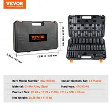 VEVOR Juego de vasos de impacto profundo con accionamiento de 1/2", 34 piezas Juego de vasos métricos (8-36 mm) Acero de aleación Cr-MO de 6 puntos para reparación de automóviles, construcción robusta, incluye estuche de almacenamiento resistente