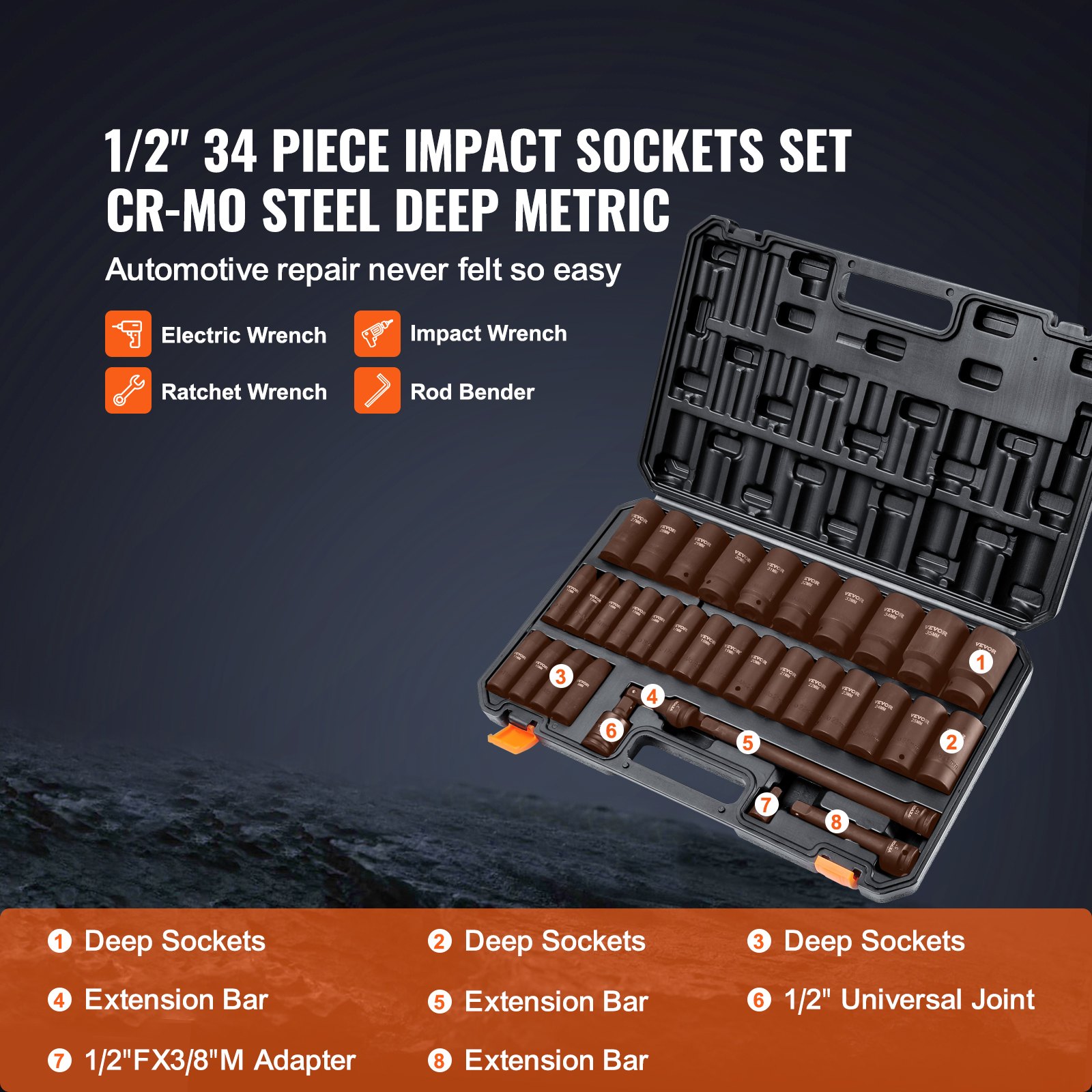 Juego de llaves de vaso de impacto profundas VEVOR de 1/2", 34 piezas, métricas (8-36 mm), de 6 puntas, de acero aleado Cr-MO para reparación de automóviles, construcción robusta, incluye estuche de almacenamiento resistente.