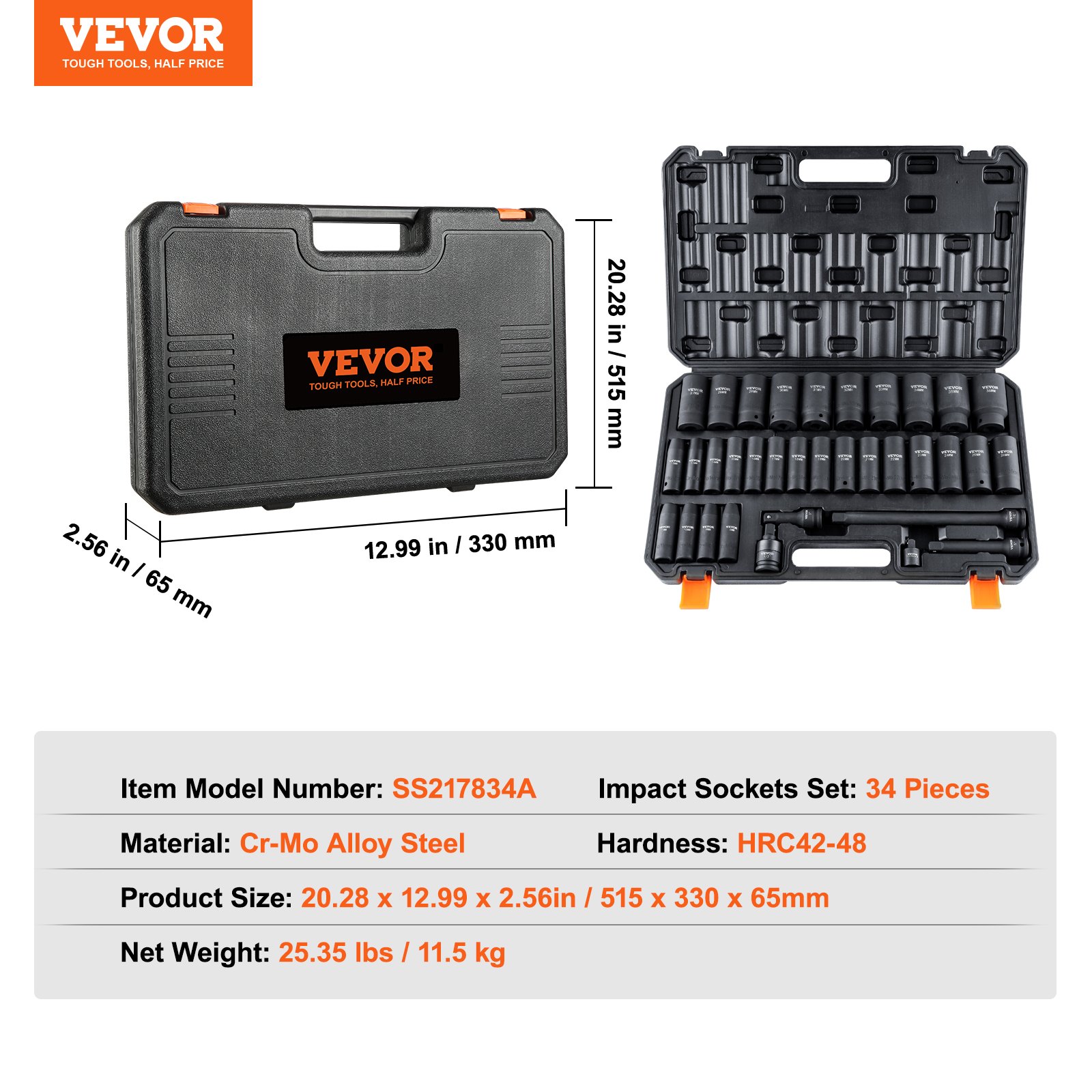 Juego de llaves de vaso de impacto profundas VEVOR de 1/2", 34 piezas, métricas (8-36 mm), de 6 puntas, de acero aleado Cr-MO para reparación de automóviles, construcción robusta, incluye estuche de almacenamiento resistente.