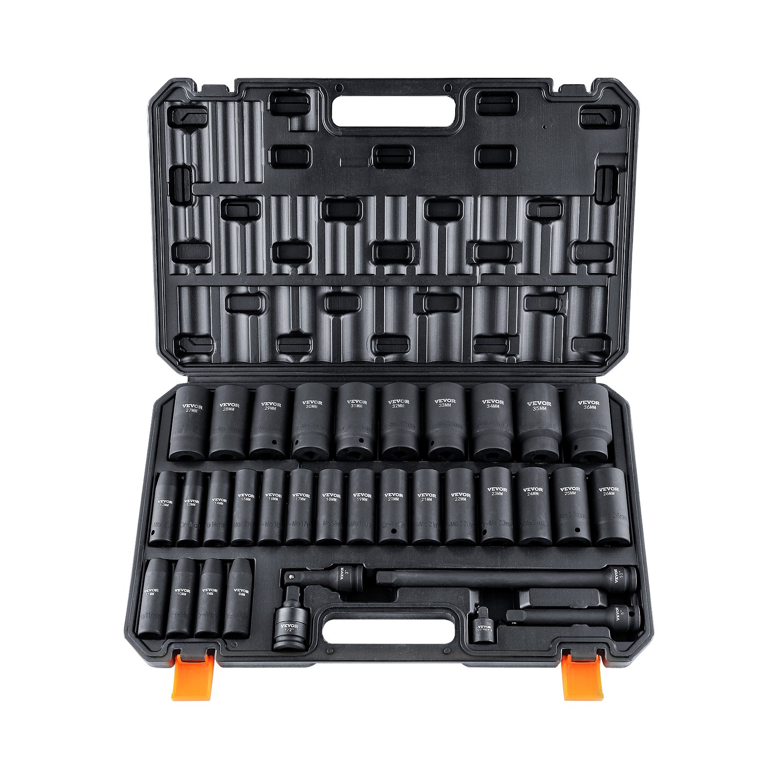 Juego de llaves de vaso de impacto profundas VEVOR de 1/2", 34 piezas, métricas (8-36 mm), de 6 puntas, de acero aleado Cr-MO para reparación de automóviles, construcción robusta, incluye estuche de almacenamiento resistente.