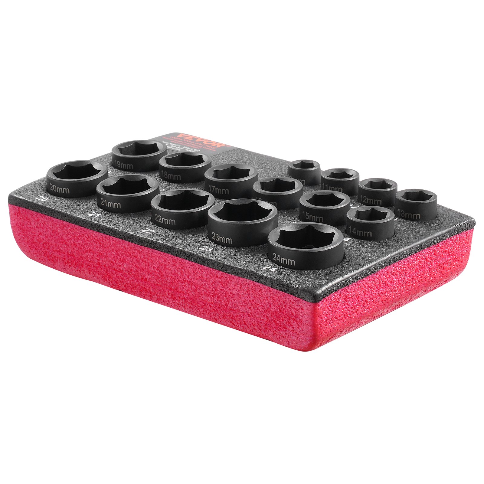 Juego de vasos de impacto VEVOR de 3/8" - 15 piezas ultracortas métricas de 10-24 mm - 6 puntas de acero de aleación Cr-Mo para reparación de automóviles - Marcas de tamaño fáciles de leer - Construcción robusta - Organizador de vasos