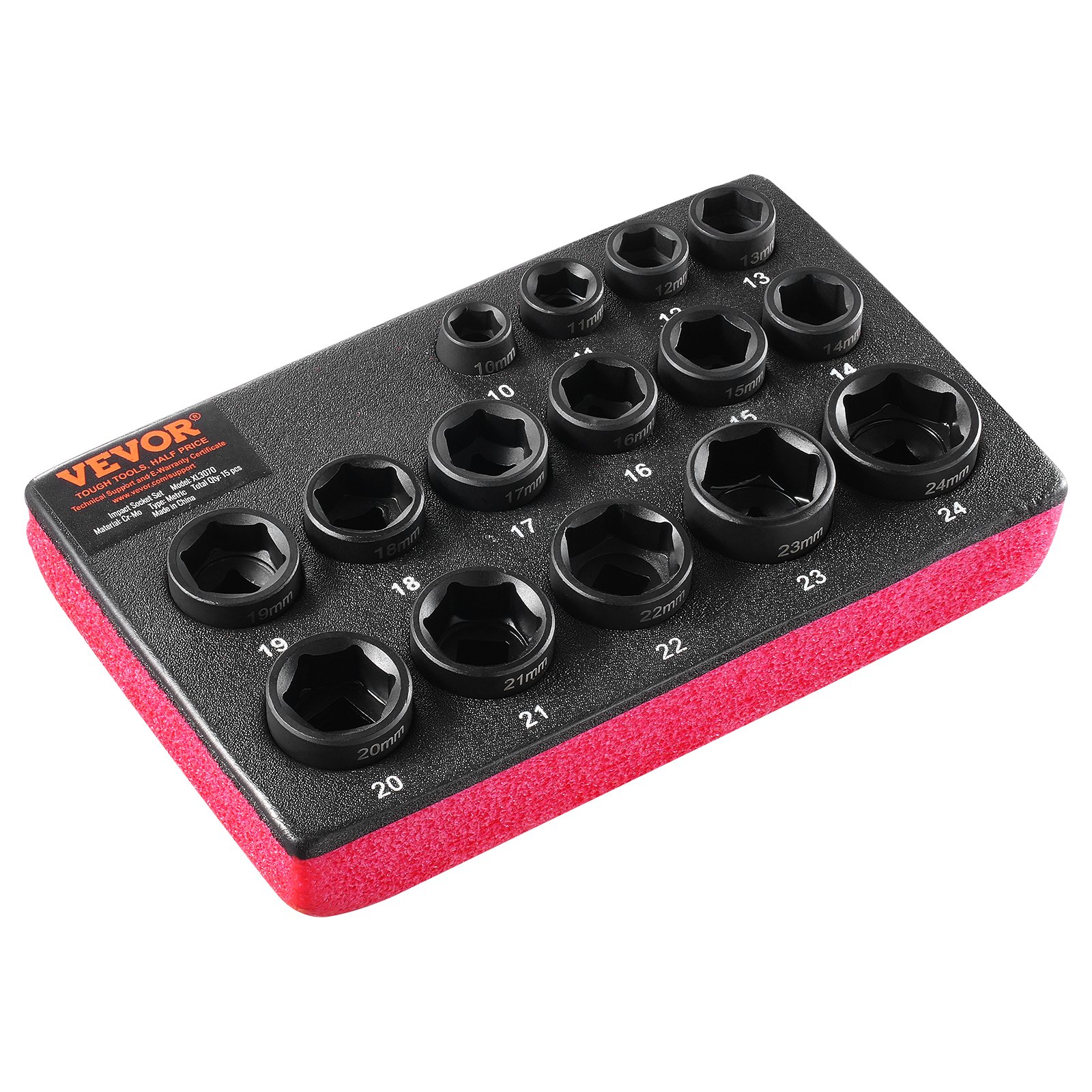 Juego de vasos de impacto VEVOR de 3/8" - 15 piezas ultracortas métricas de 10-24 mm - 6 puntas de acero de aleación Cr-Mo para reparación de automóviles - Marcas de tamaño fáciles de leer - Construcción robusta - Organizador de vasos