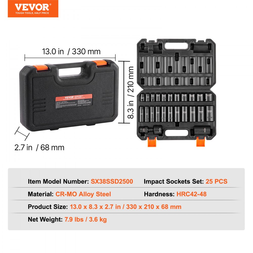 Juego de dados de impacto VEVOR de 3/8", 25 piezas, SAE de 5/16" a 1", 6 puntas, acero de aleación Cr-Mo para reparación de automóviles, marcas de tamaño fáciles de leer, construcción robusta, incluye estuche.