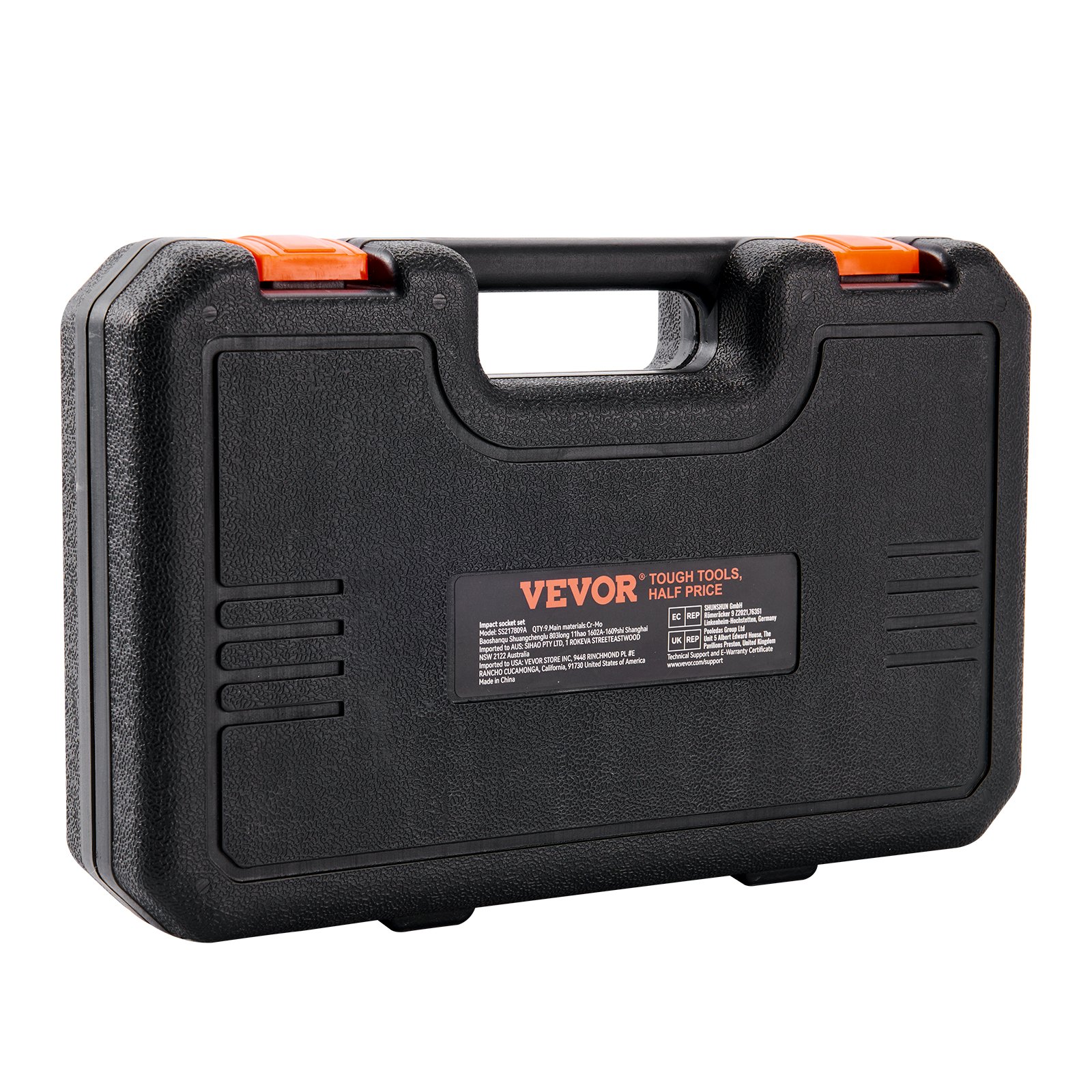 Juego de vasos de impacto VEVOR en un resistente estuche de transporte negro con pestillos naranjas y mango resistente.