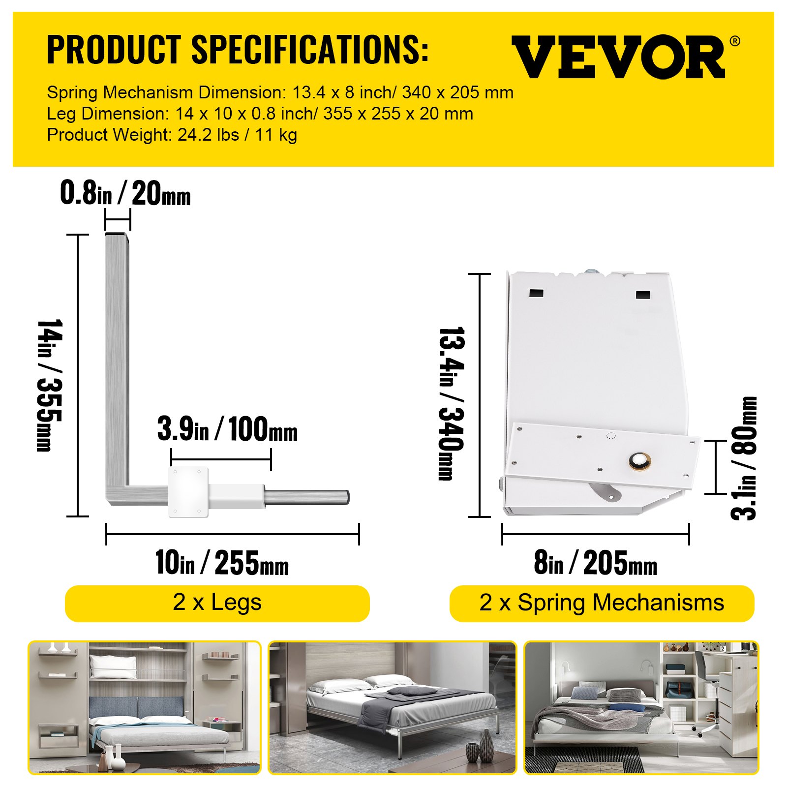 VEVOR - Mecanismo de resortes de pared Murphy para montaje en pared, kit de hardware de soporte resistente para cama King y Queen (vertical), color blanco