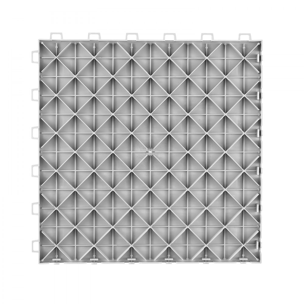 Azulejo de garaje entrelazado gris VEVOR con patrón de cuadrícula de diamantes y ganchos de conexión en los bordes.