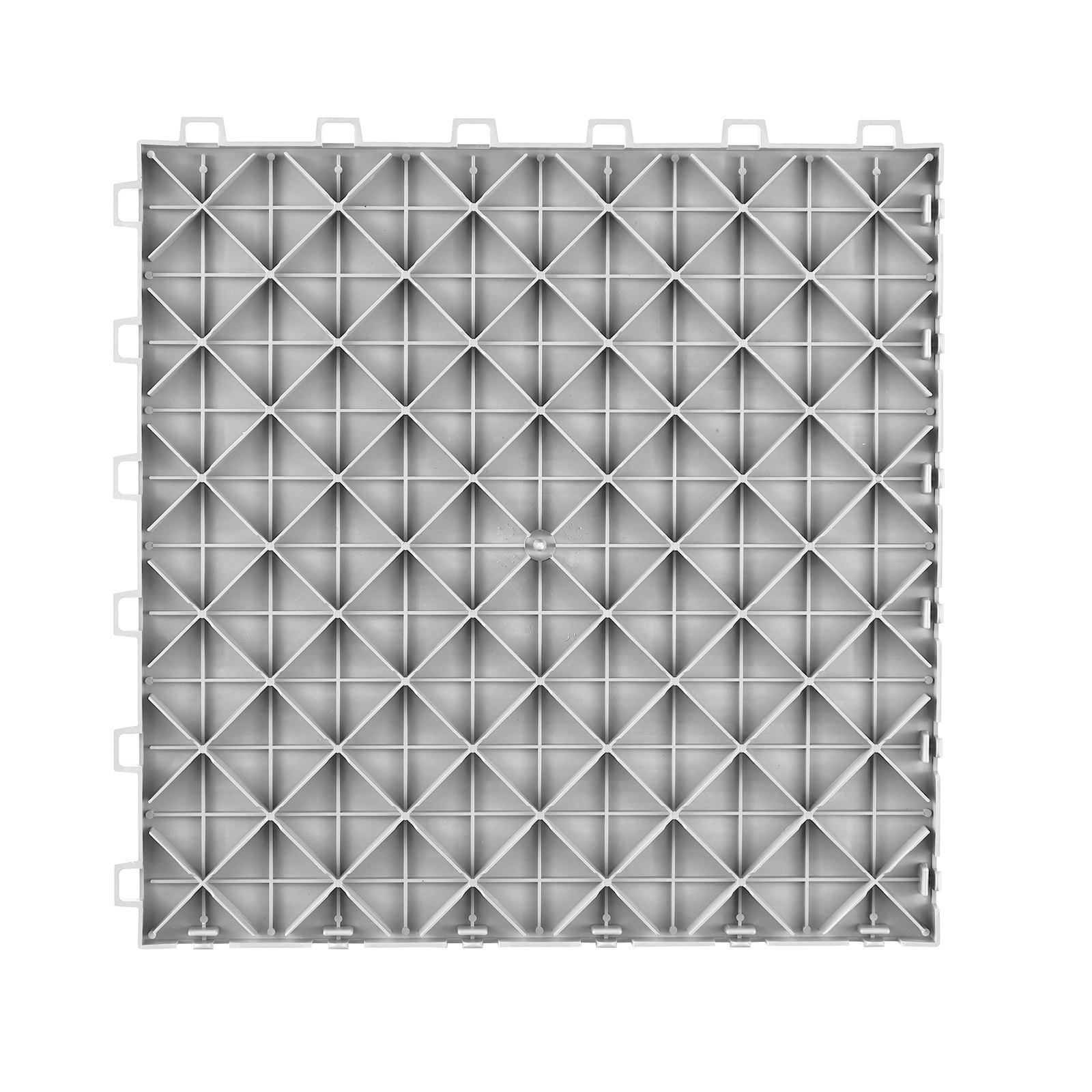 Azulejo de garaje entrelazado gris VEVOR con patrón de cuadrícula de diamantes y ganchos de conexión en los bordes.