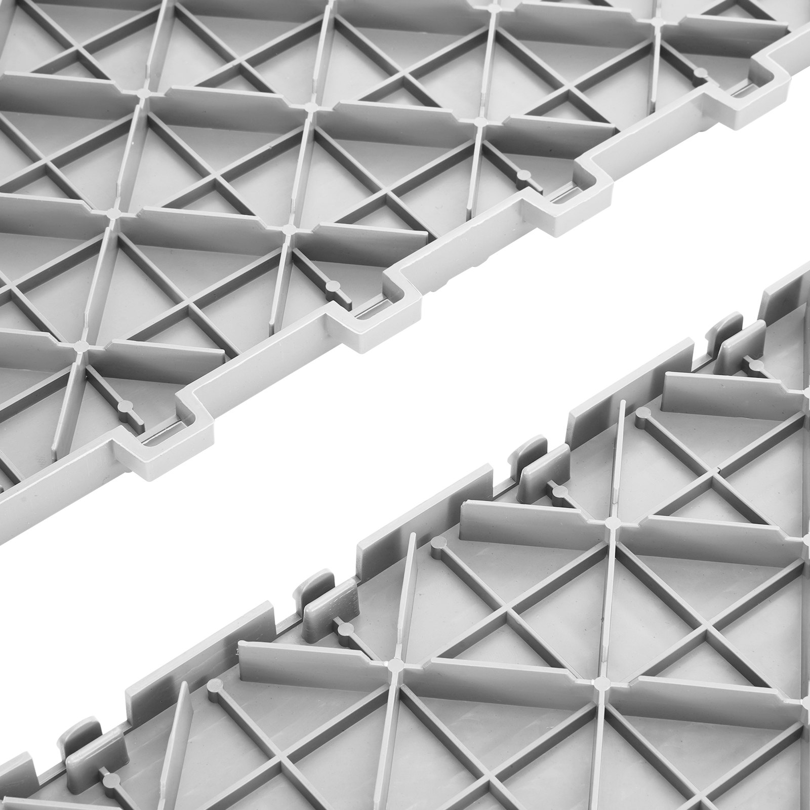 Azulejos de garaje entrelazados de color gris VEVOR con patrón de cuadrícula en relieve y pestañas de bloqueo para una instalación segura.