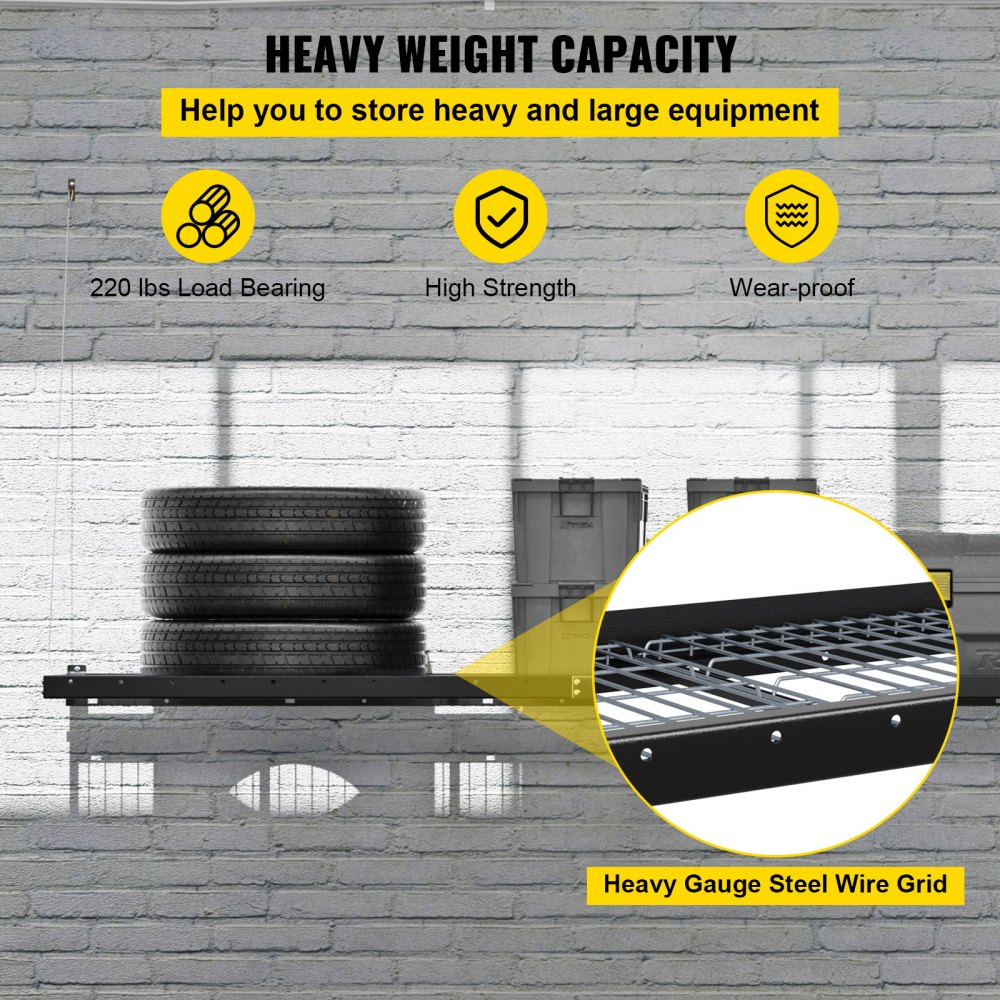 VEVOR Estante de pared para garaje de 2 x 8 pies, de acero, para montaje en pared, con capacidad de 220 libras, resistente, color negro