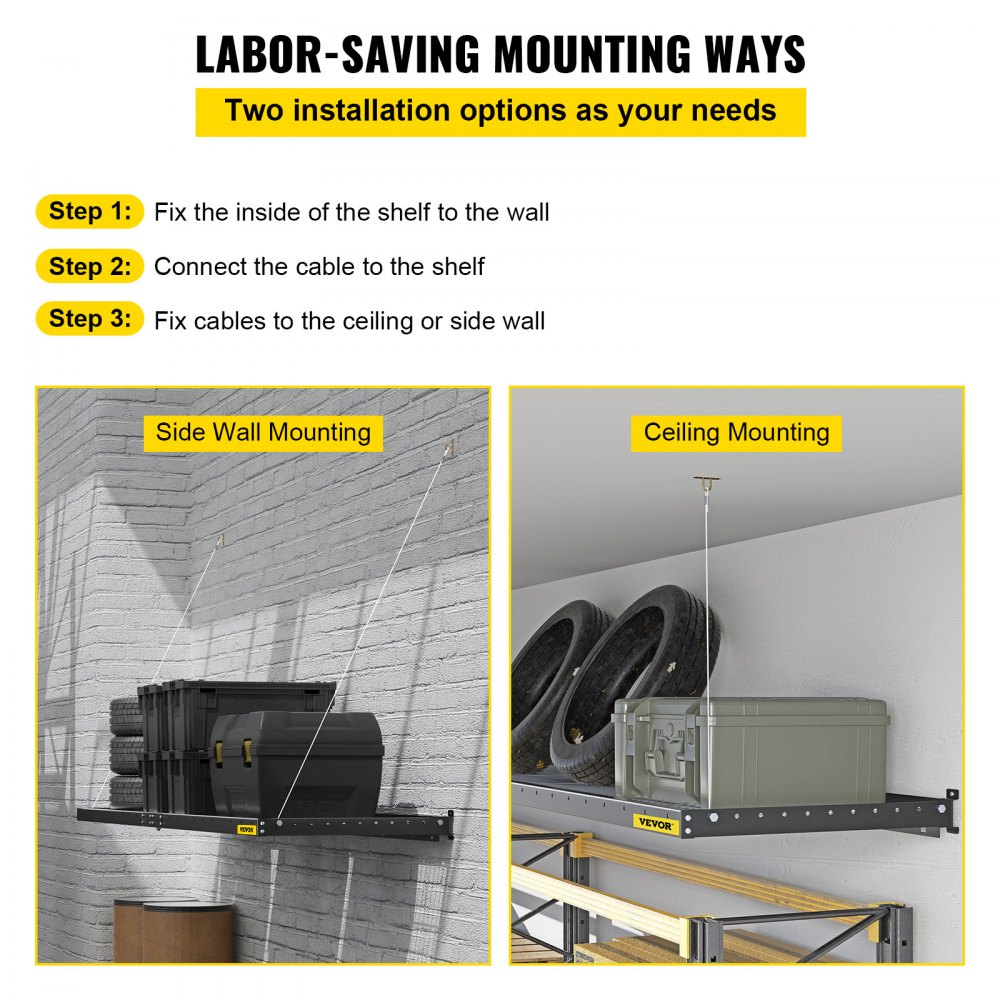 VEVOR Estante de pared para garaje de 2 x 8 pies, de acero, para montaje en pared, con capacidad de 220 libras, resistente, color negro