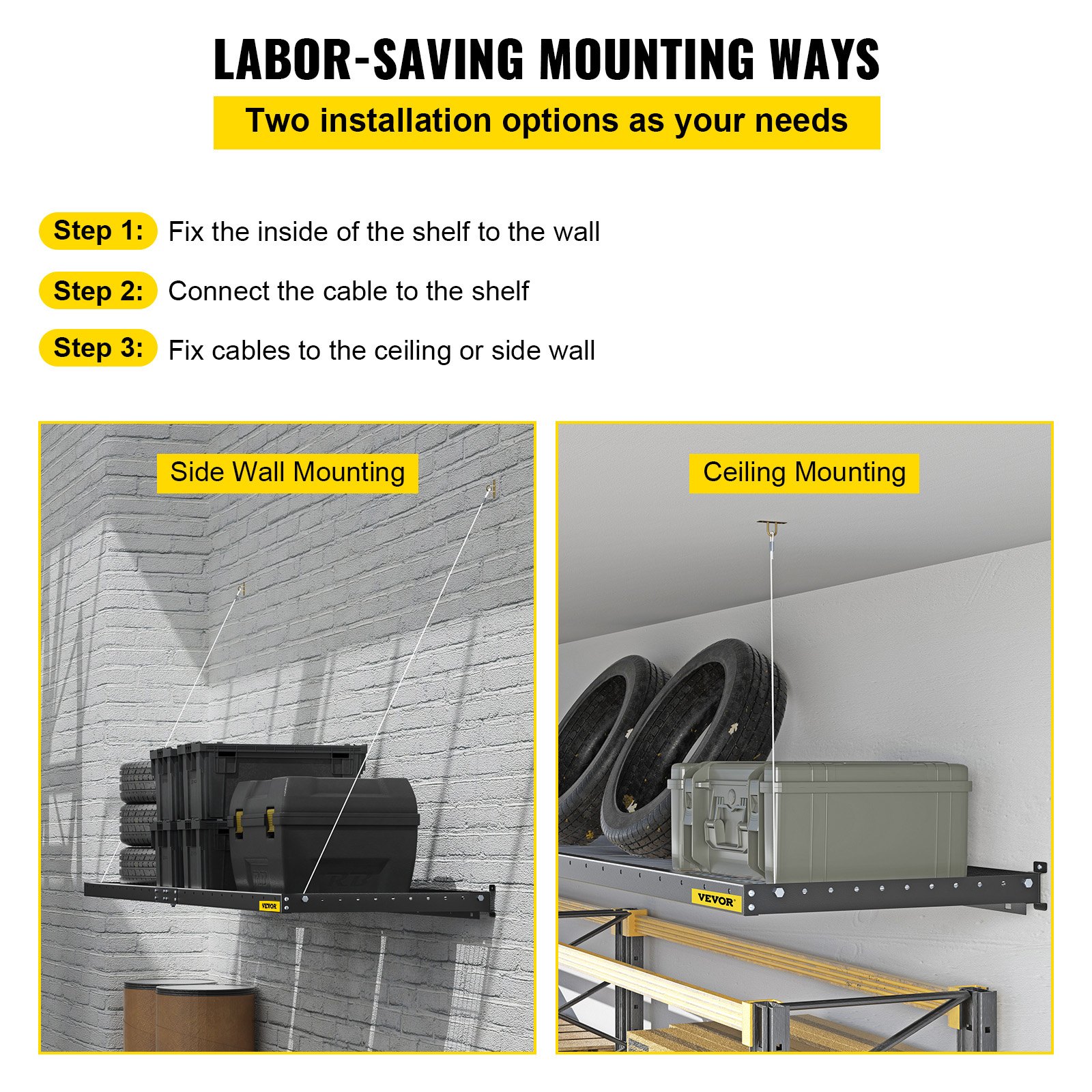 VEVOR Estante de pared para garaje de 2 x 8 pies, de acero, para montaje en pared, con capacidad de 220 libras, resistente, color negro