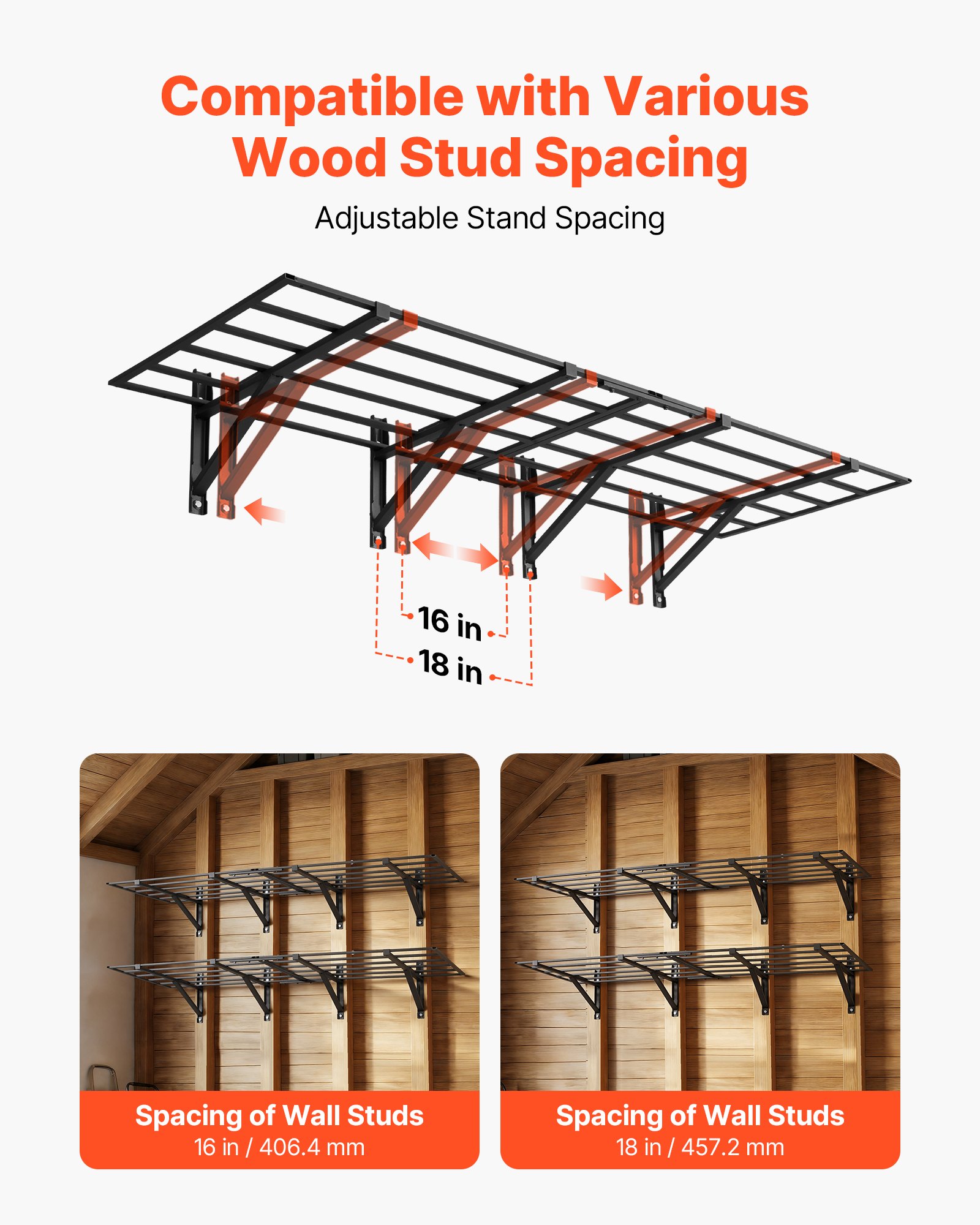 VEVOR Estantería de Pared de Acero 635 x 1832 mm, Carga 362 kg por Nivel, 725 kg en Total, Distancia Ajustable, Juego de 4 Estanterías Flotantes de 2 Niveles para Garaje Taller Cocina Lavandería