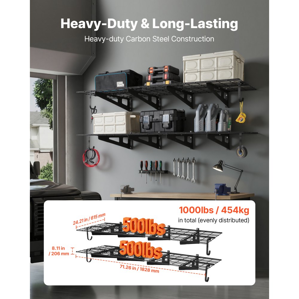 Estantería de pared para garaje VEVOR de 2 niveles y alta resistencia, paquete de 8 unidades. Estantería de pared de acero de 30 cm x 90 cm con ganchos, estante flotante de metal de 61 x 183 cm, capacidad de carga total de 454 kg, color negro.