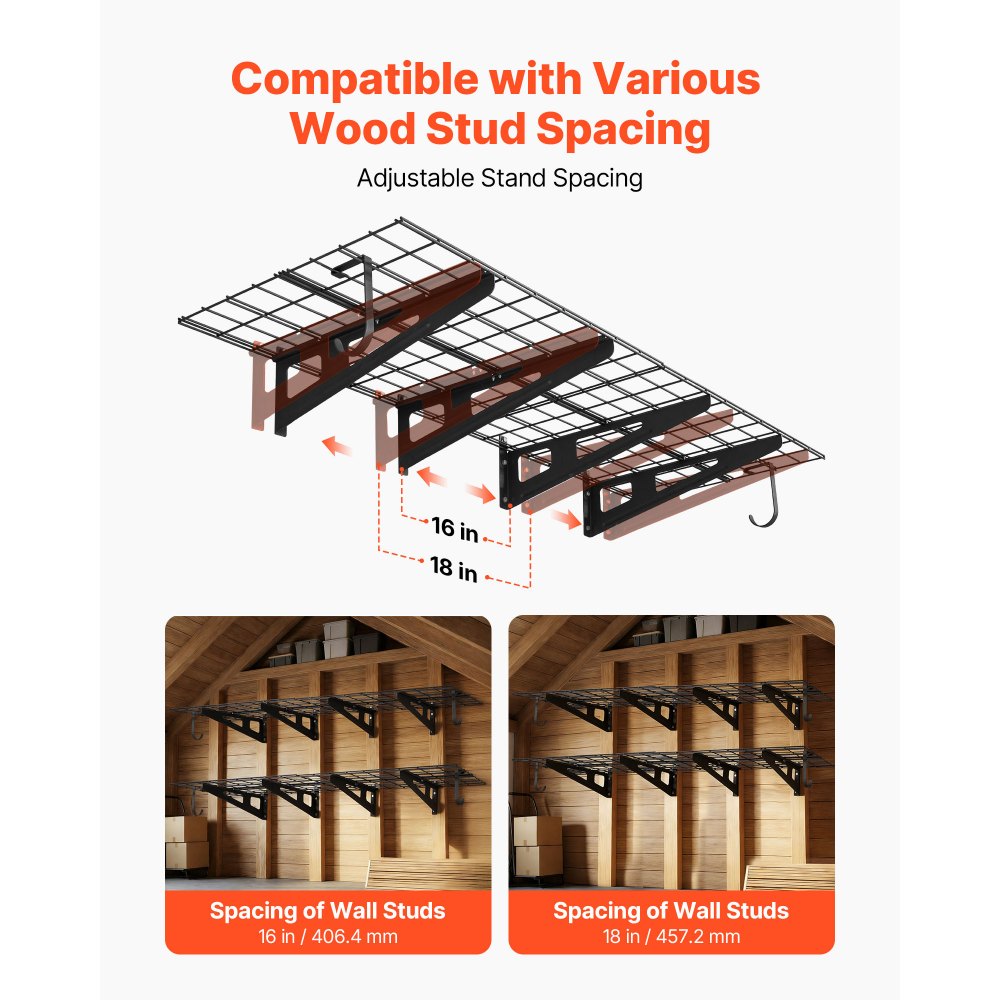 Estantería de pared para garaje VEVOR de 2 niveles y alta resistencia, paquete de 8 unidades. Estantería de pared de acero de 30 cm x 90 cm con ganchos, estante flotante de metal de 61 x 183 cm, capacidad de carga total de 454 kg, color negro.
