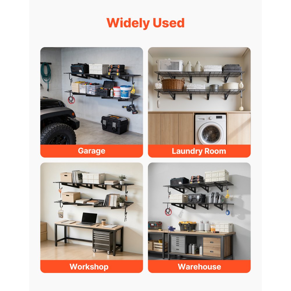 Estantería de pared para garaje VEVOR de 2 niveles y alta resistencia, paquete de 8 unidades. Estantería de pared de acero de 30 cm x 90 cm con ganchos, estante flotante de metal de 61 x 183 cm, capacidad de carga total de 454 kg, color negro.