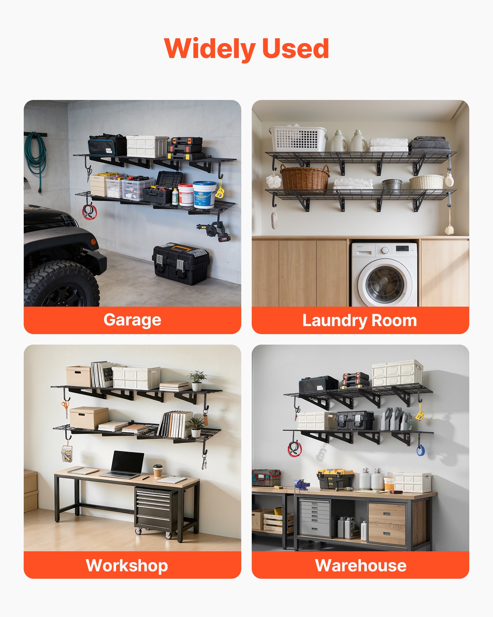 Estantería de pared para garaje VEVOR de 2 niveles y alta resistencia, paquete de 8 unidades. Estantería de pared de acero de 30 cm x 90 cm con ganchos, estante flotante de metal de 61 x 183 cm, capacidad de carga total de 454 kg, color negro.