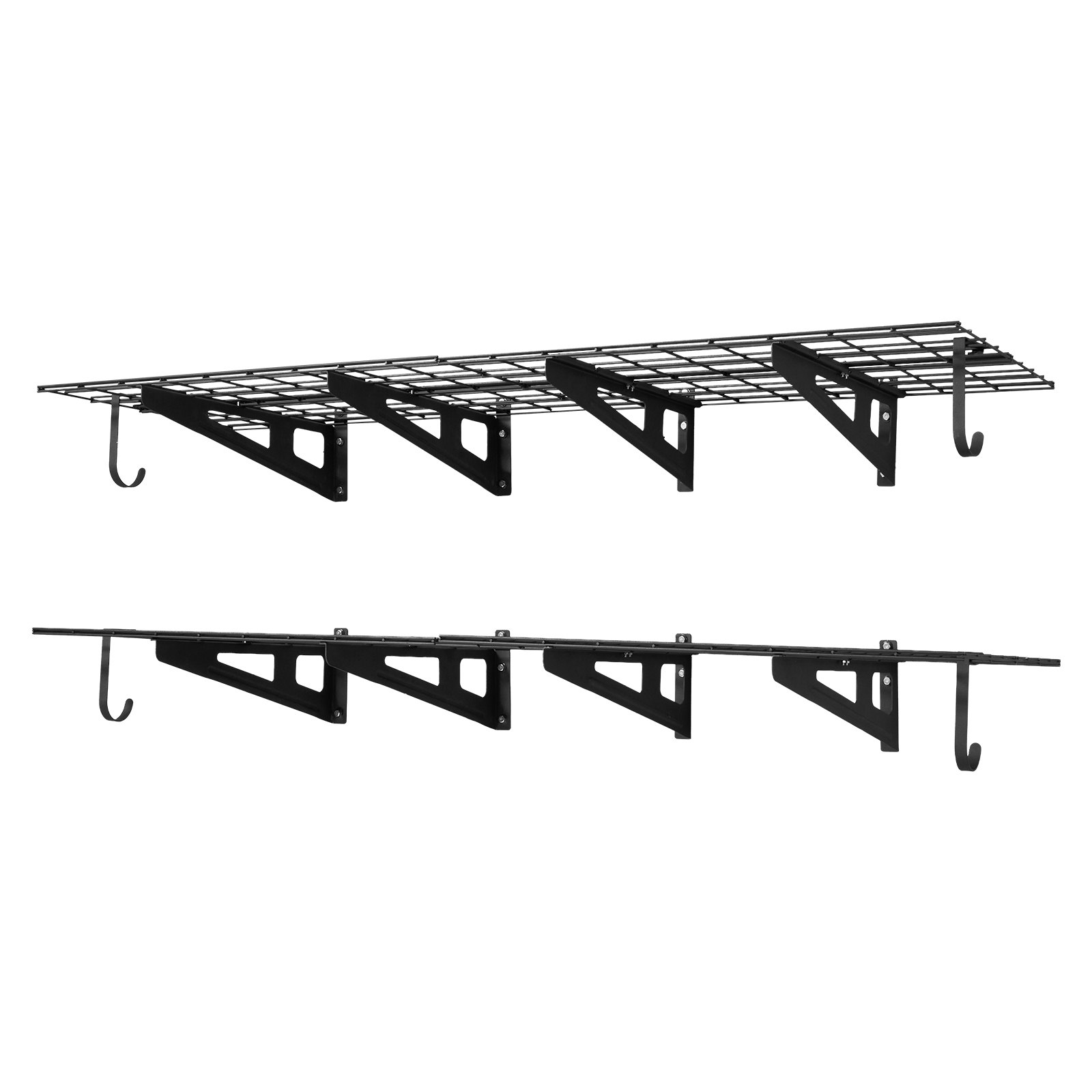 Estantería de pared para garaje VEVOR de 2 niveles y alta resistencia, paquete de 8 unidades. Estantería de pared de acero de 30 cm x 90 cm con ganchos, estante flotante de metal de 61 x 183 cm, capacidad de carga total de 454 kg, color negro.