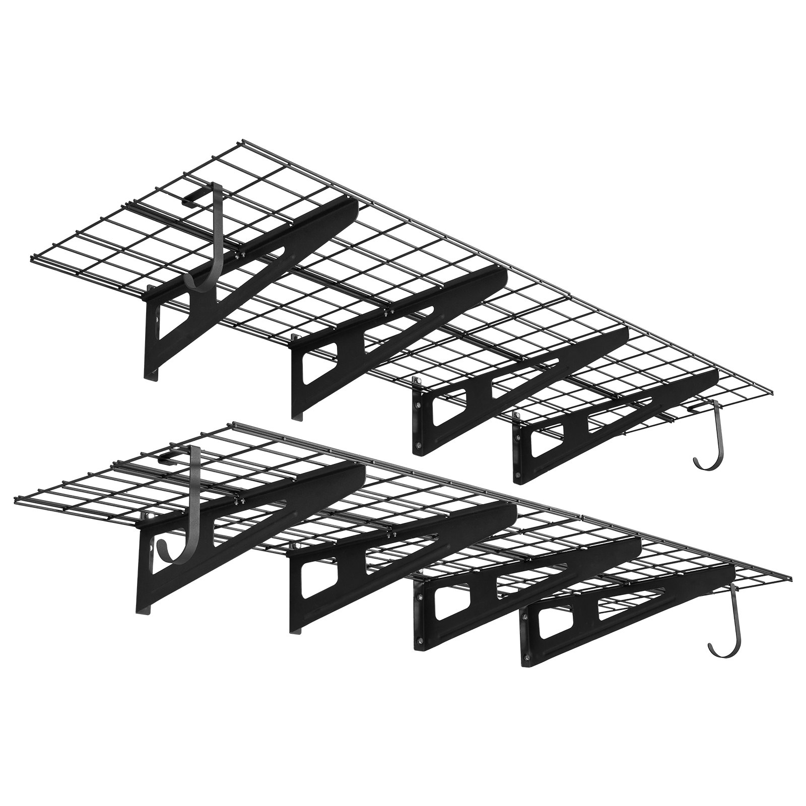 Estantería de pared para garaje VEVOR de 2 niveles y alta resistencia, paquete de 8 unidades. Estantería de pared de acero de 30 cm x 90 cm con ganchos, estante flotante de metal de 61 x 183 cm, capacidad de carga total de 454 kg, color negro.