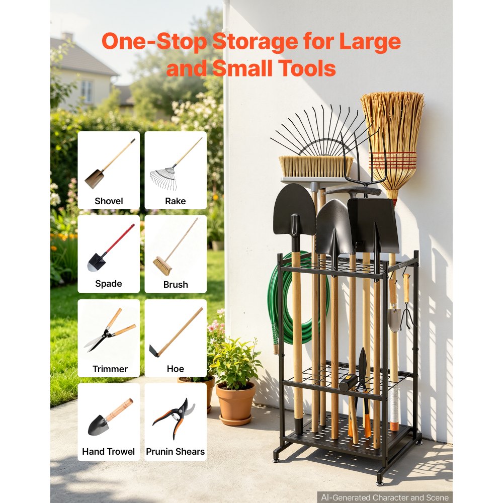 VEVOR Organizador de Herramientas de Jardín Estante Compacto con Ganchos, con Patas Niveladoras, Aberturas de 5,08 x 5,08 cm y Base Perforada de Acero para Garajes, Cobertizos, Patios e Invernaderos