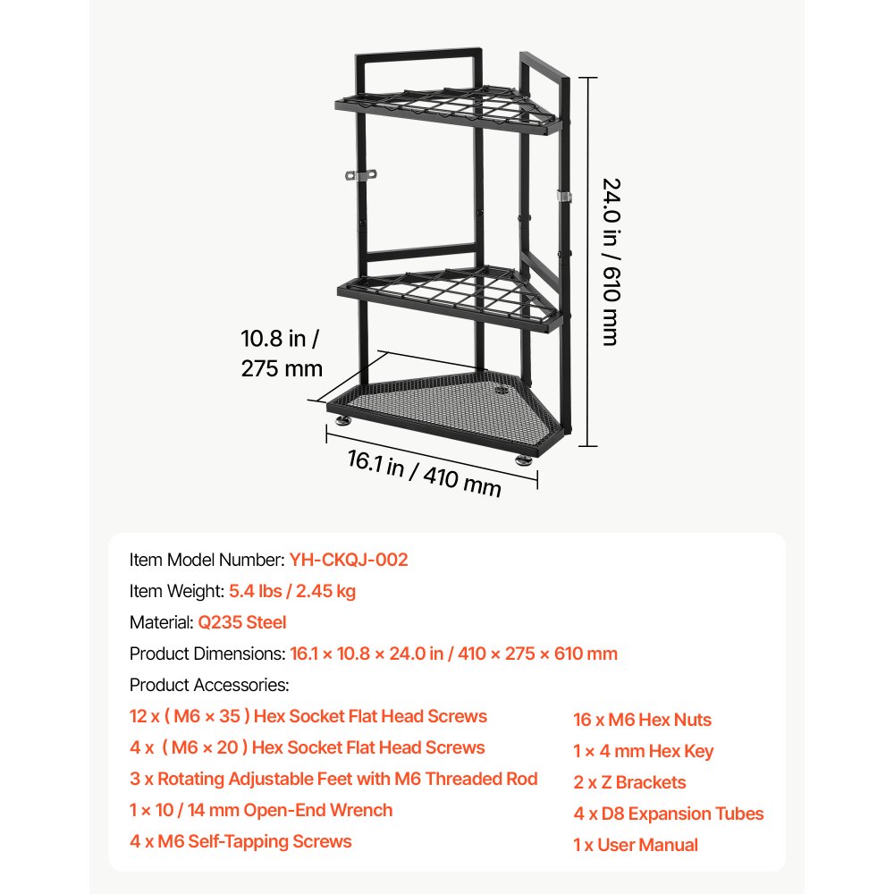VEVOR Organizador de Herramientas de Jardín, Estante con Diseño Esquinero, con Aberturas de 5,08 x 5,08 cm, Base Perforada y Kit de Herrajes de Montaje para Garajes, Cobertizos, Patios e Invernaderos