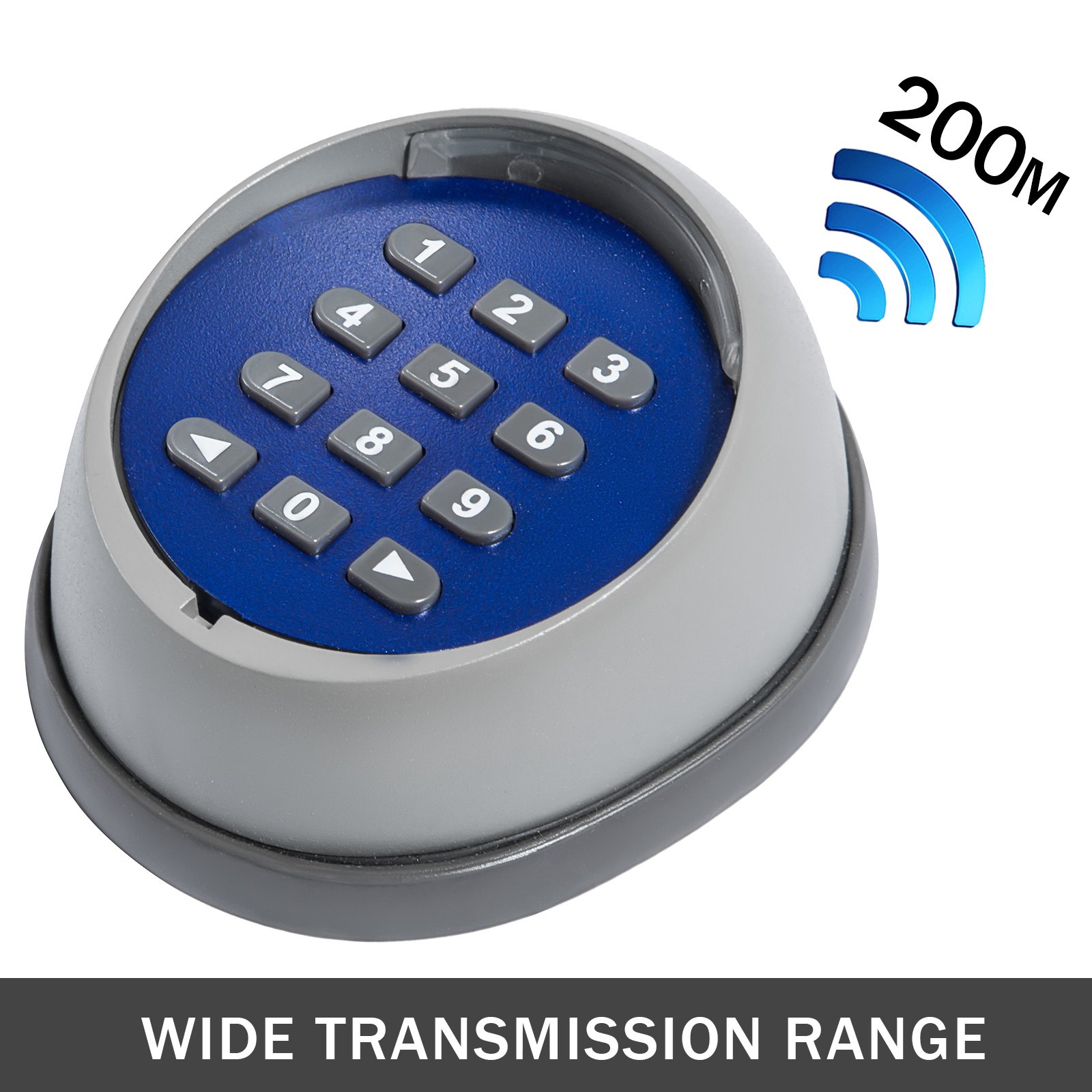 Teclado inalámbrico VEVOR con alcance de 200 m y botones numéricos sobre fondo azul