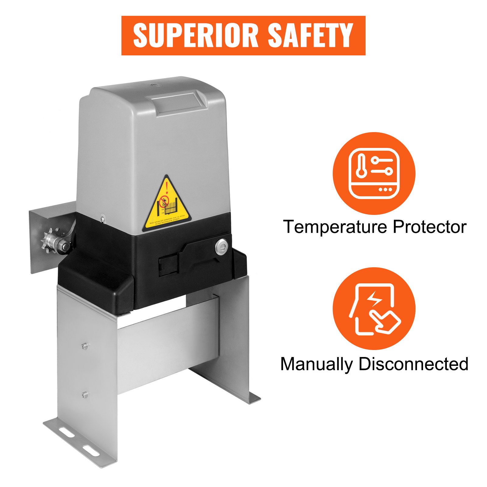 Abridor de puerta corrediza VEVOR con protector de temperatura y funciones de desconexión manual.