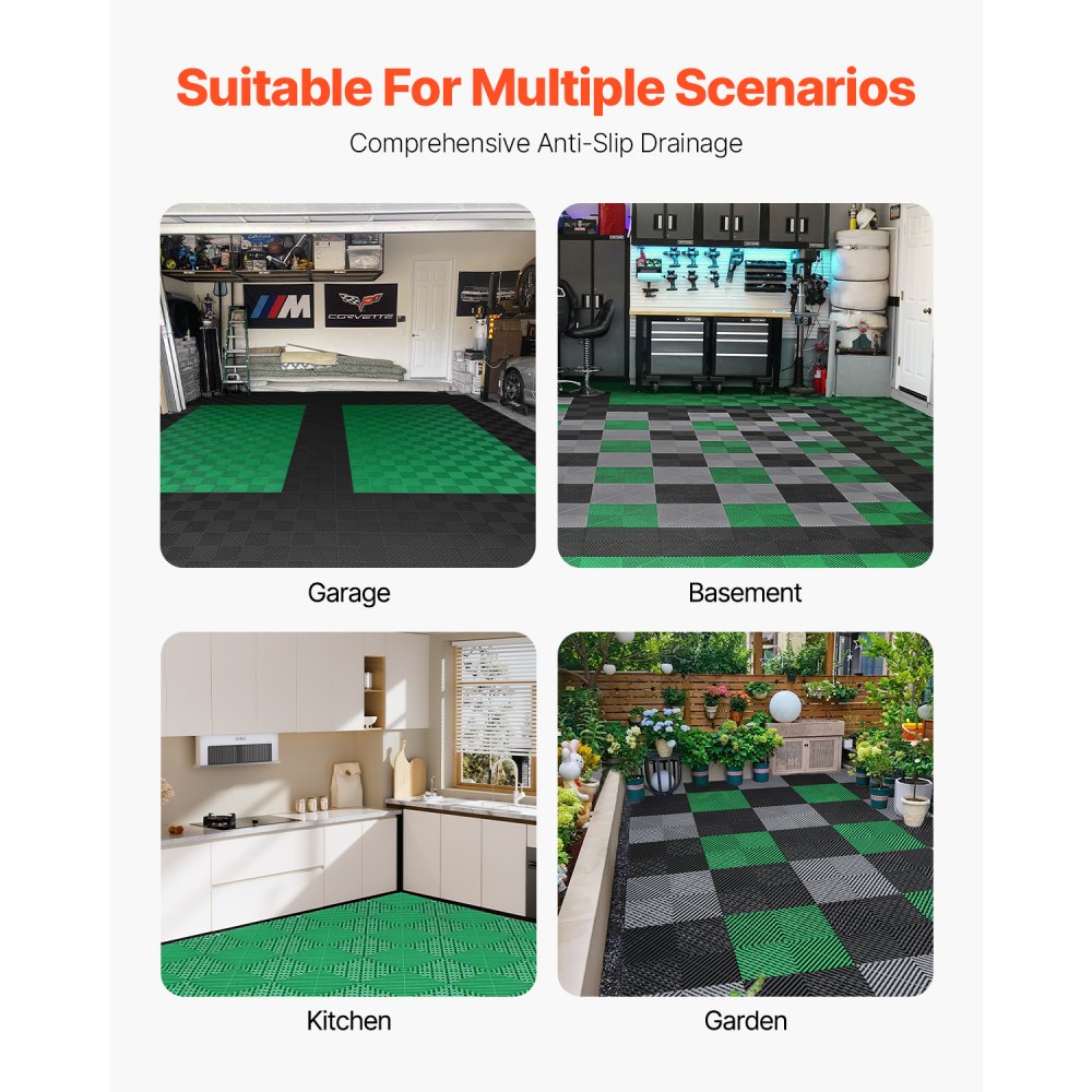 Alfombrilla de drenaje entrelazada VEVOR, 50 piezas, cojín modular entrelazado, alfombrillas de drenaje empalmables de 30 x 30 cm, baldosa de drenaje antideslizante de PP verde y alfombrilla de ducha, para garaje, jardín, cocina y exteriores.