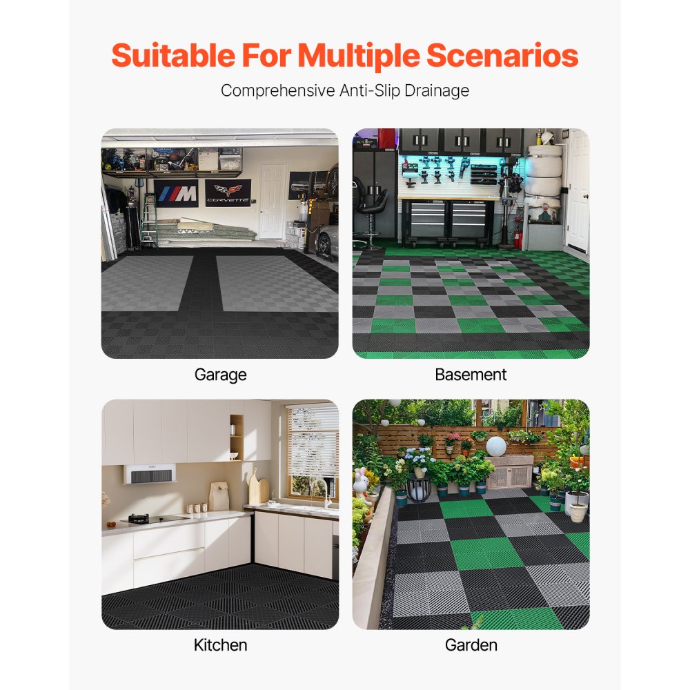 VEVOR - Alfombrilla de drenaje entrelazada (15,7 x 15,7 pulgadas), 24 unidades, antideslizante, de polipropileno negro, para suelos y duchas, ideal para garaje, jardín, cocina y exteriores.