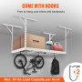 Estante de almacenamiento superior para garaje VEVOR con ganchos, para sostener cajas, equipaje y una bicicleta, con una capacidad de 50 libras por gancho.